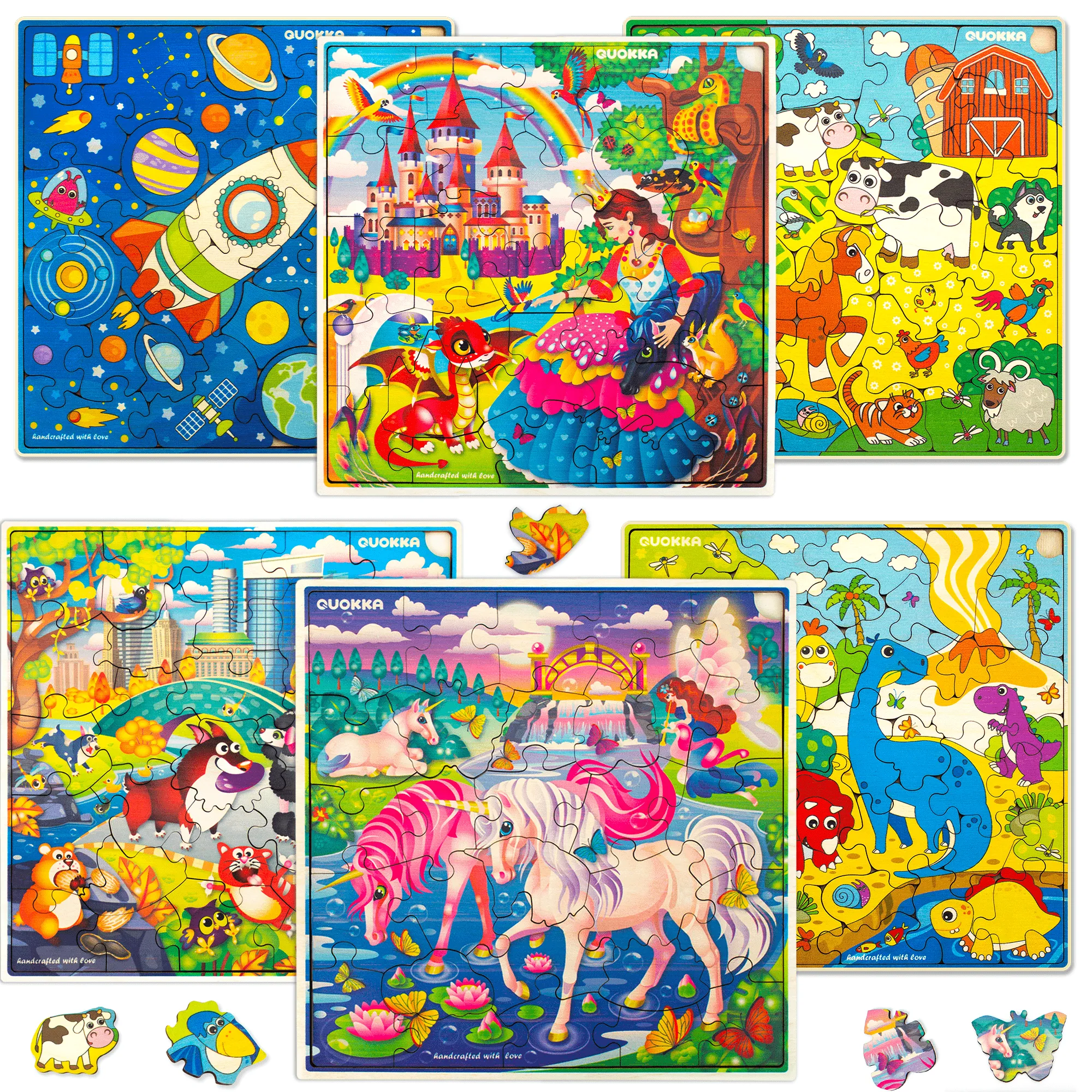 30 Pieces Set of 6 Wooden Puzzles | Unicorn, Princess, Animals & Space