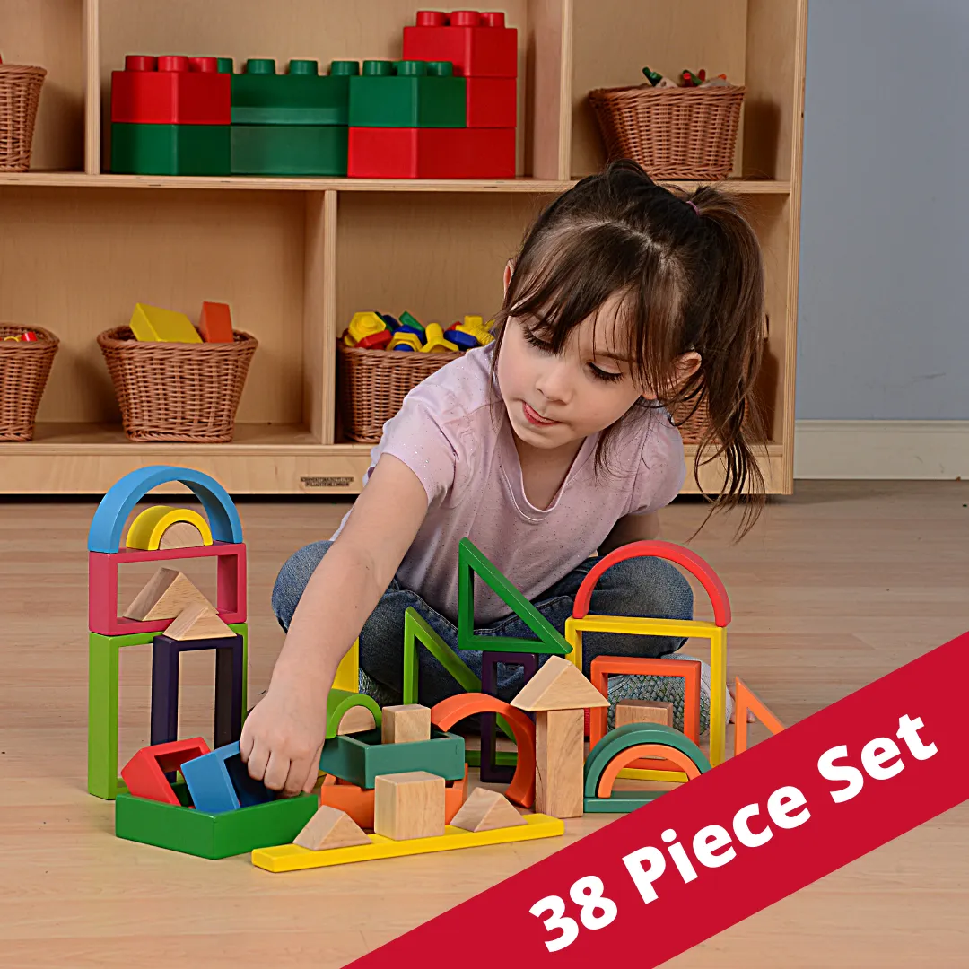 38-Piece Colorful Designer Blocks | Durable Hardwood Shapes for Creative Building