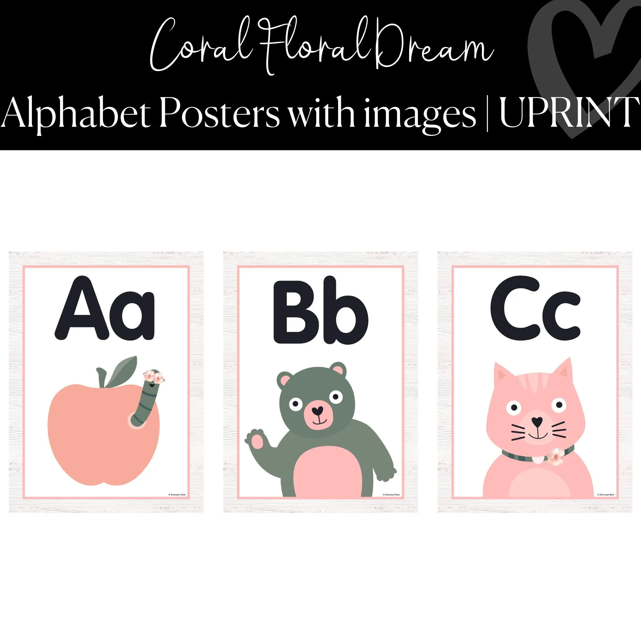 Alphabet Posters with Images | Coral Classroom Decor | UPRINT | Coral Floral Dream | Schoolgirl Style