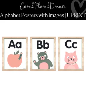 Alphabet Posters with Images | Coral Classroom Decor | UPRINT | Coral Floral Dream | Schoolgirl Style