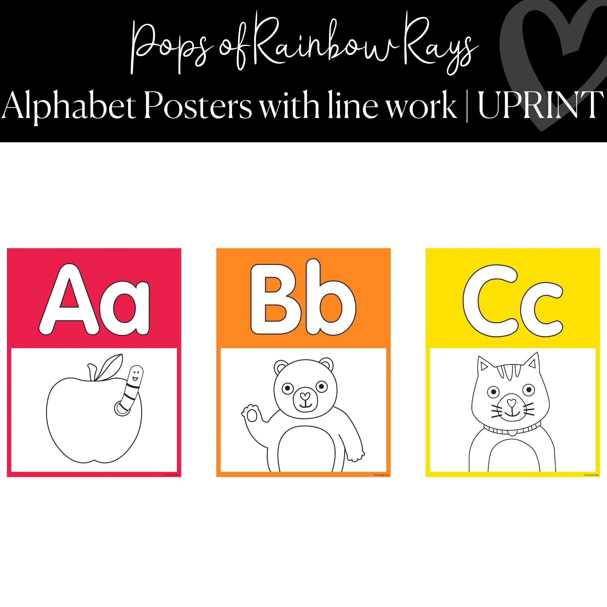 Alphabet Posters with Line Work | Rainbow Classroom Decor | Pops of Rainbow Rays |  UPRINT | Schoolgirl Style