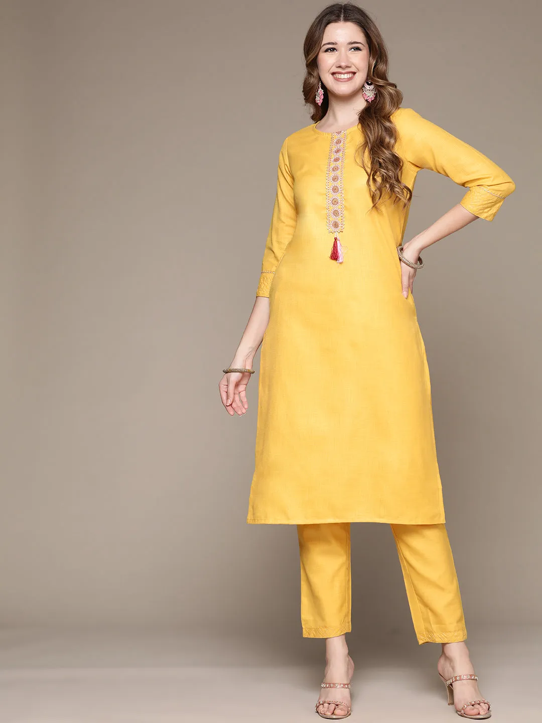 Anubhutee Women's Yellow Embroidered Kurta Set with Trousers