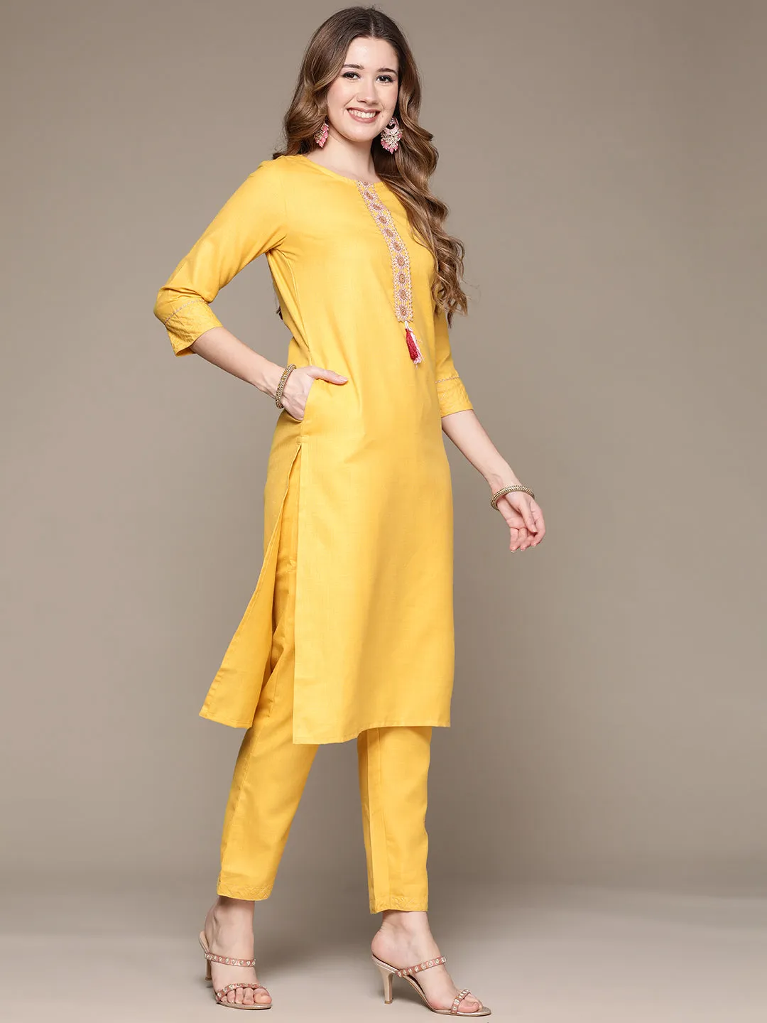 Anubhutee Women's Yellow Embroidered Kurta Set with Trousers