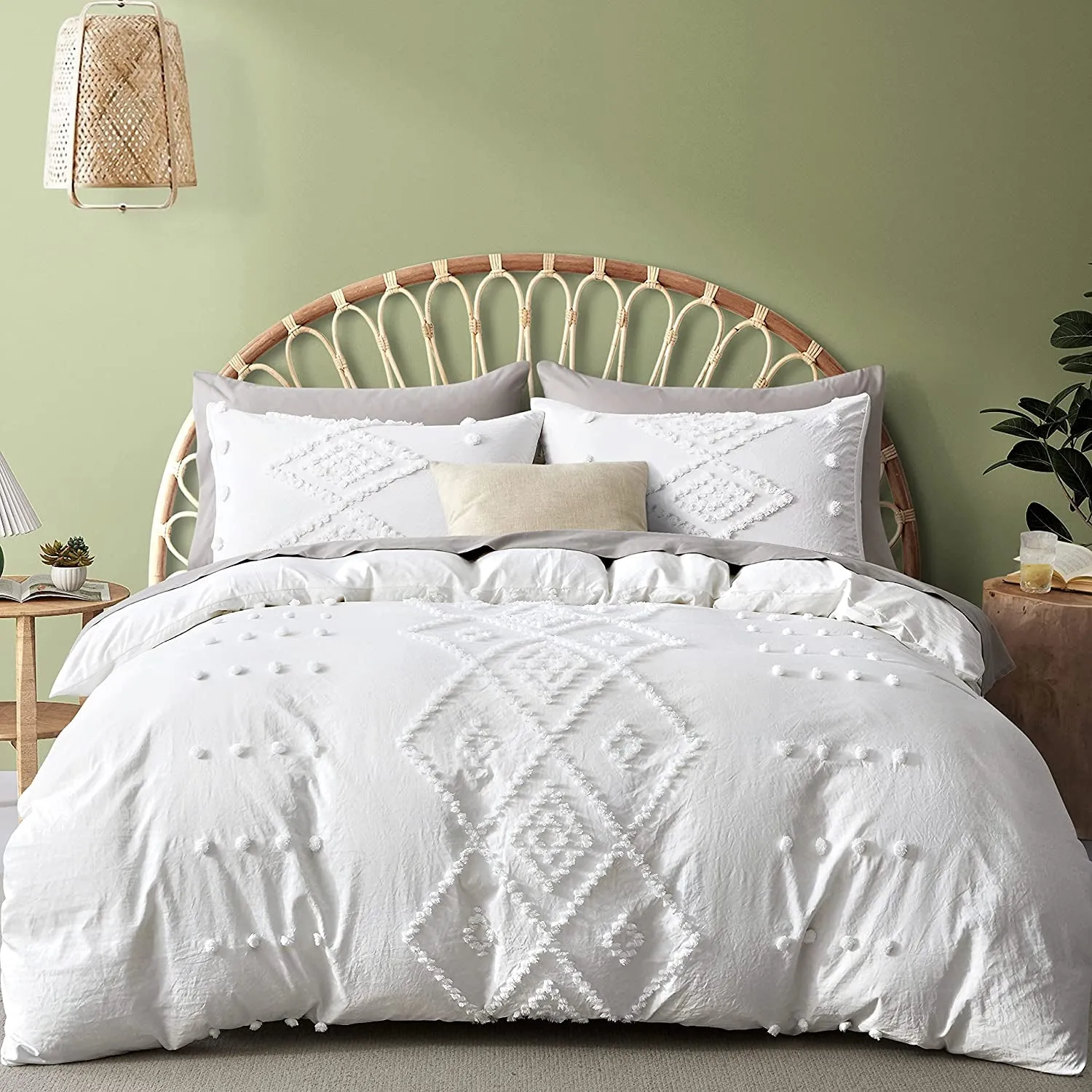 Boho Tufted Duvet Cover Set -3-Piece Boho Embroidery Shabby Chic Bedding Set for All Seasons