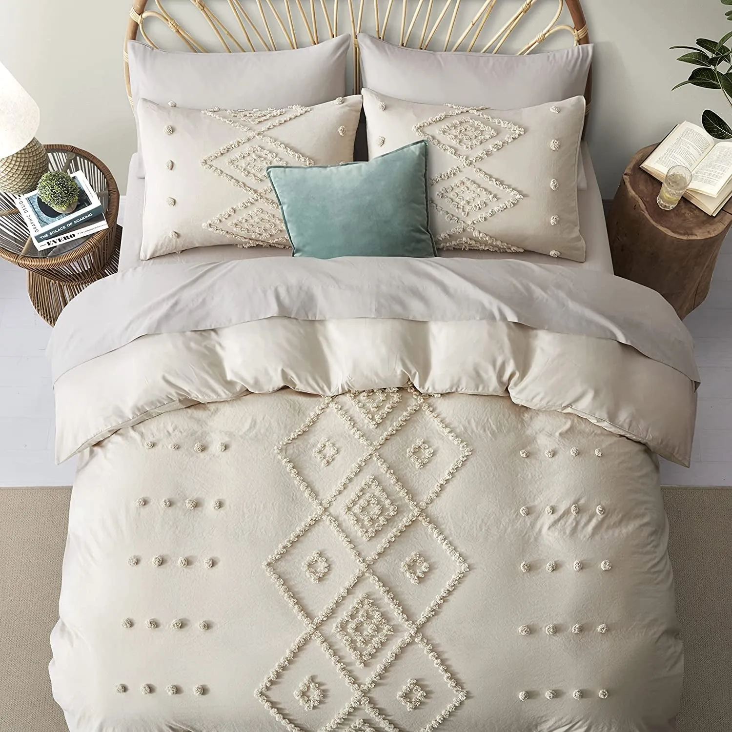 Boho Tufted Duvet Cover Set -3-Piece Boho Embroidery Shabby Chic Bedding Set for All Seasons