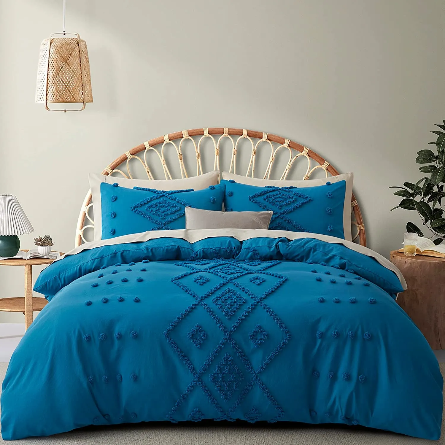 Boho Tufted Duvet Cover Set -3-Piece Boho Embroidery Shabby Chic Bedding Set for All Seasons