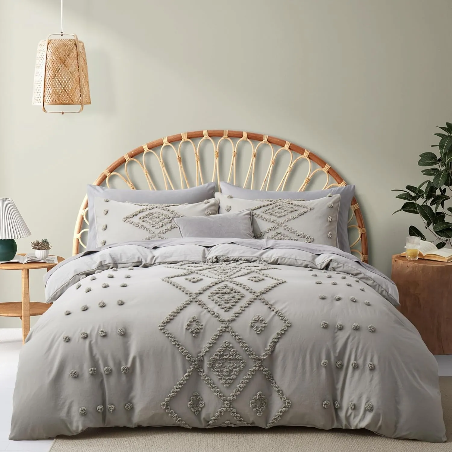 Boho Tufted Duvet Cover Set -3-Piece Boho Embroidery Shabby Chic Bedding Set for All Seasons