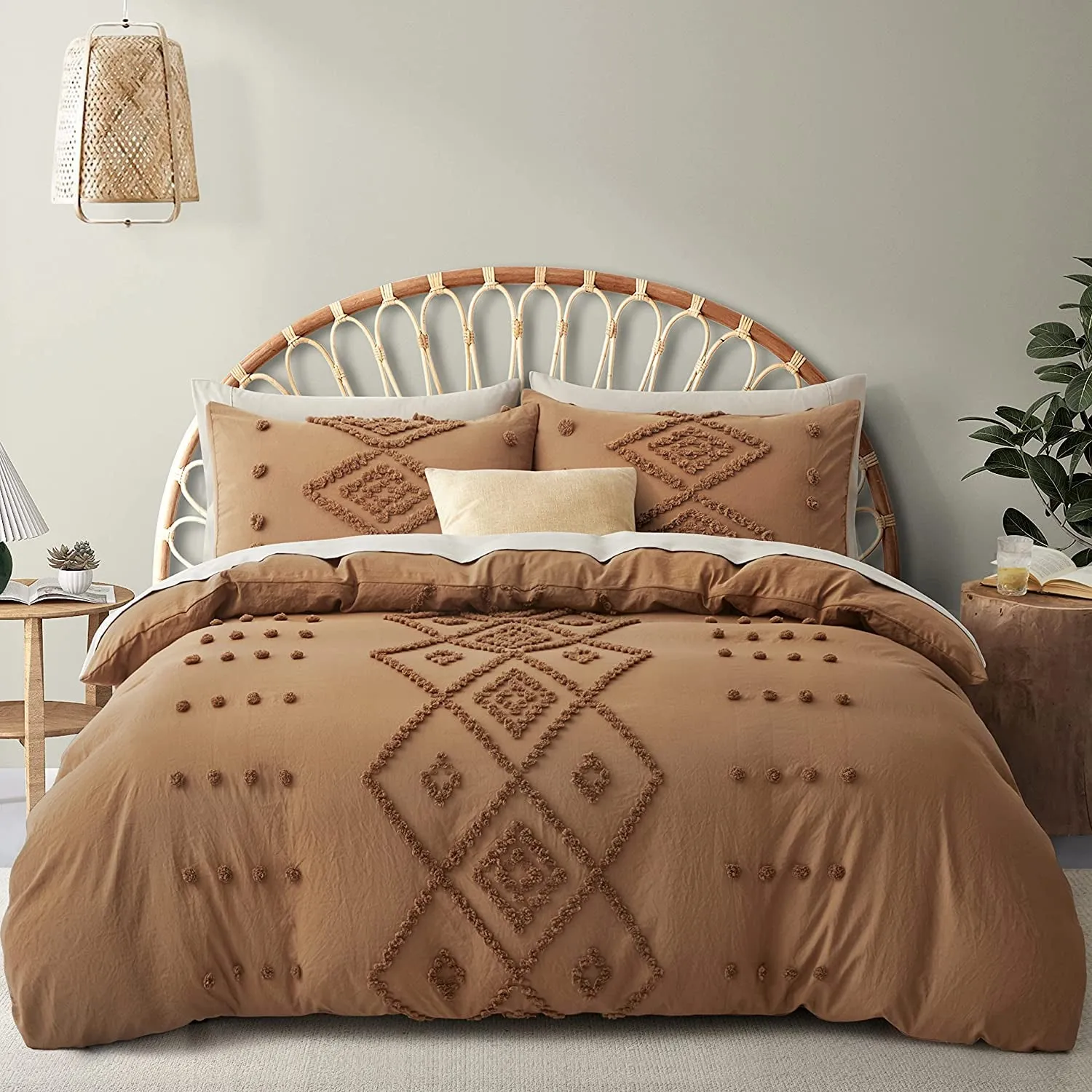 Boho Tufted Duvet Cover Set -3-Piece Boho Embroidery Shabby Chic Bedding Set for All Seasons