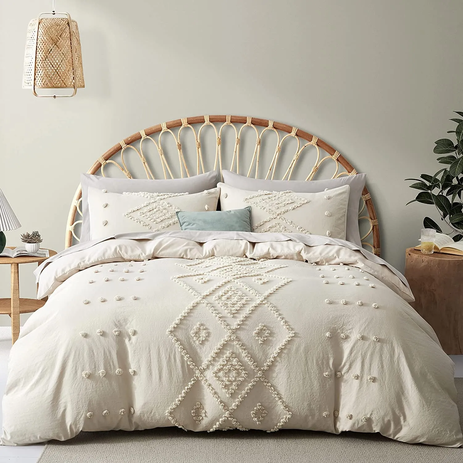 Boho Tufted Duvet Cover Set -3-Piece Boho Embroidery Shabby Chic Bedding Set for All Seasons