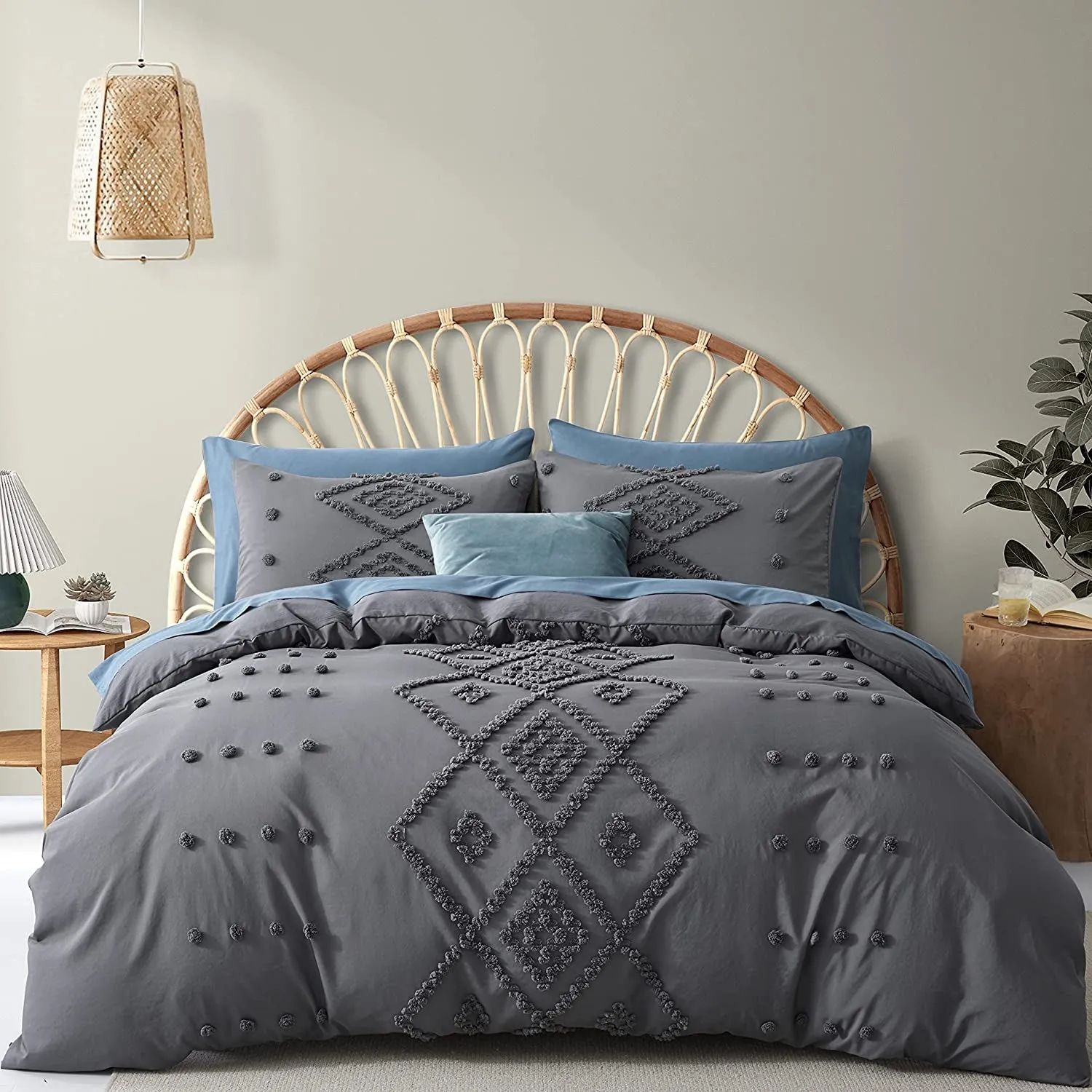 Boho Tufted Duvet Cover Set -3-Piece Boho Embroidery Shabby Chic Bedding Set for All Seasons