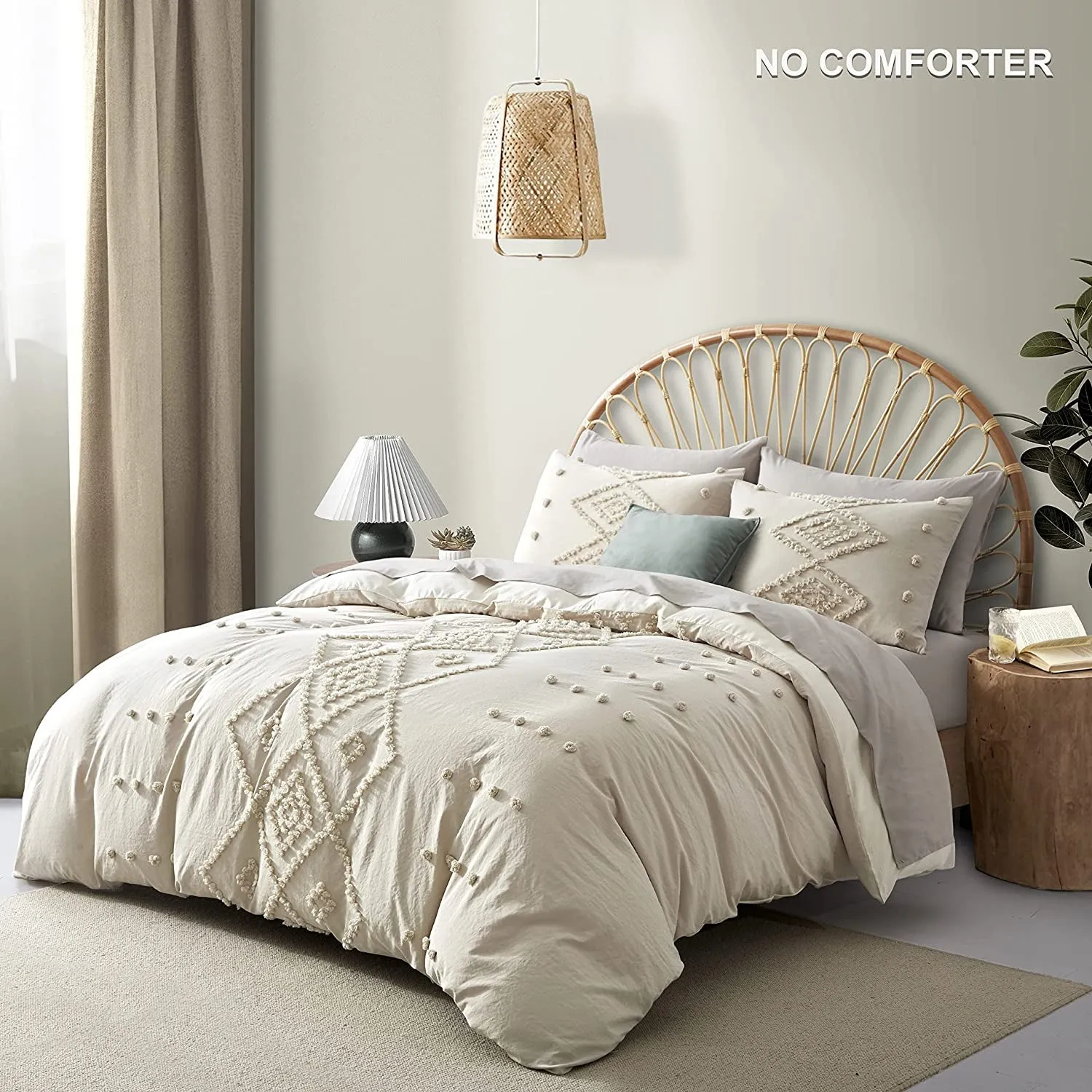 Boho Tufted Duvet Cover Set -3-Piece Boho Embroidery Shabby Chic Bedding Set for All Seasons