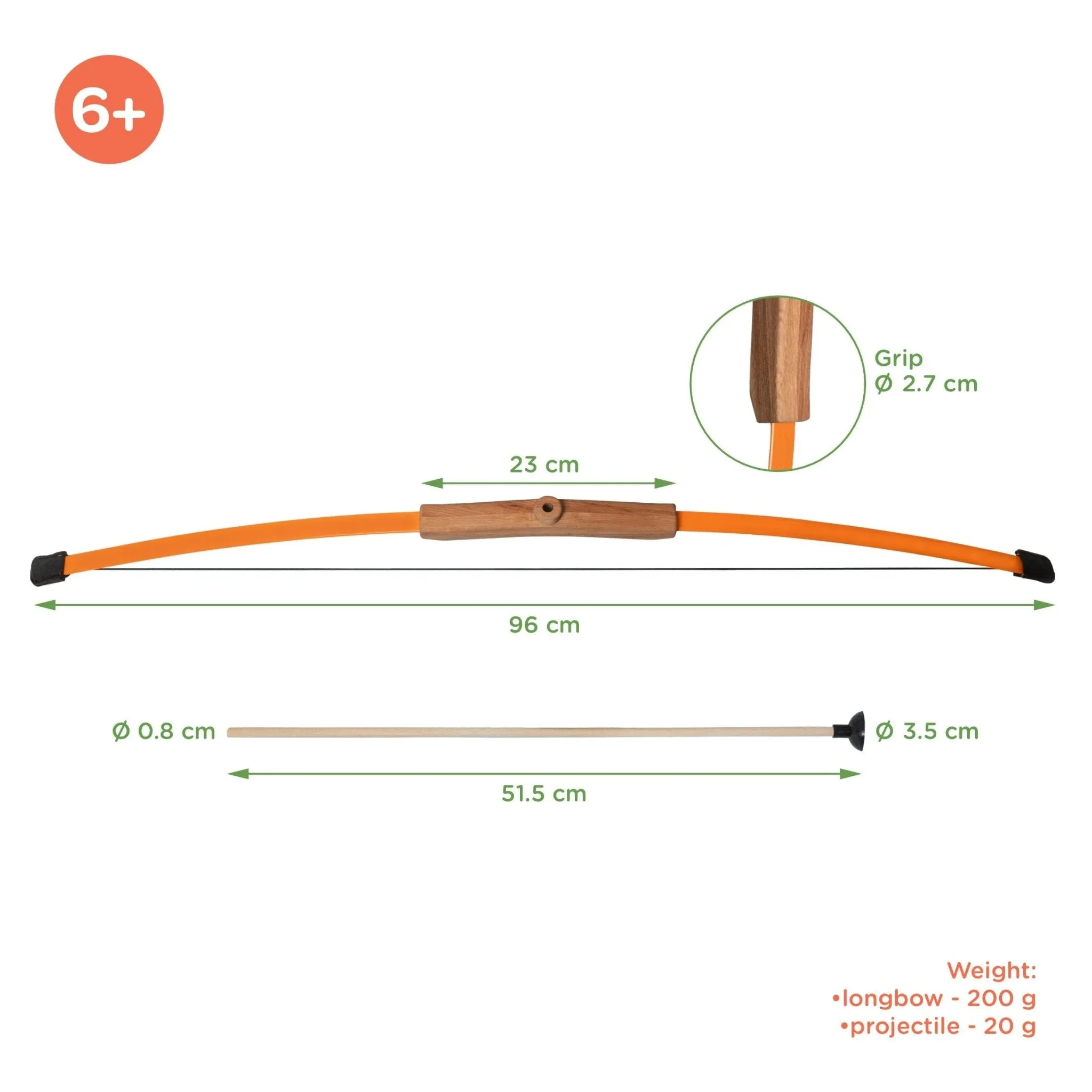 Children's Wooden Longbow, quiver, 3 Arrows. and Target