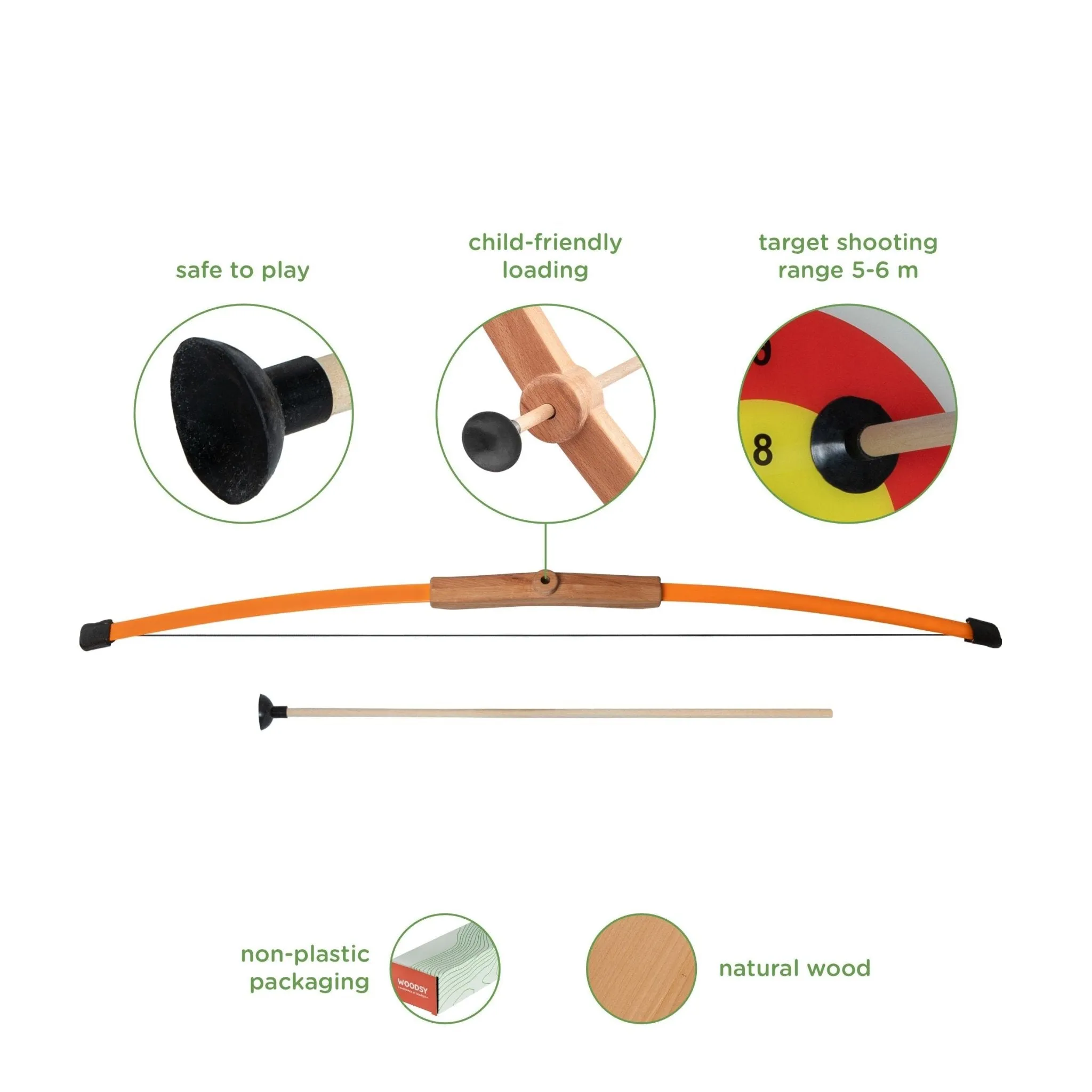 Children's Wooden Longbow, quiver, 3 Arrows. and Target