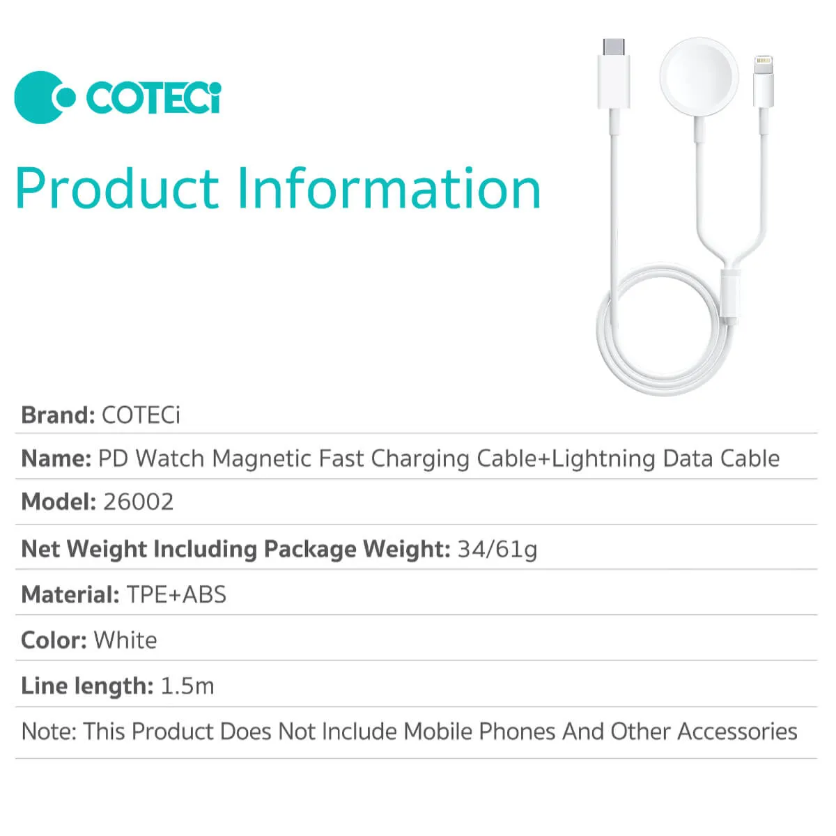 COTECi iWatch Magnetic Fast Charger to Lightning Cable 1.5M - 26002