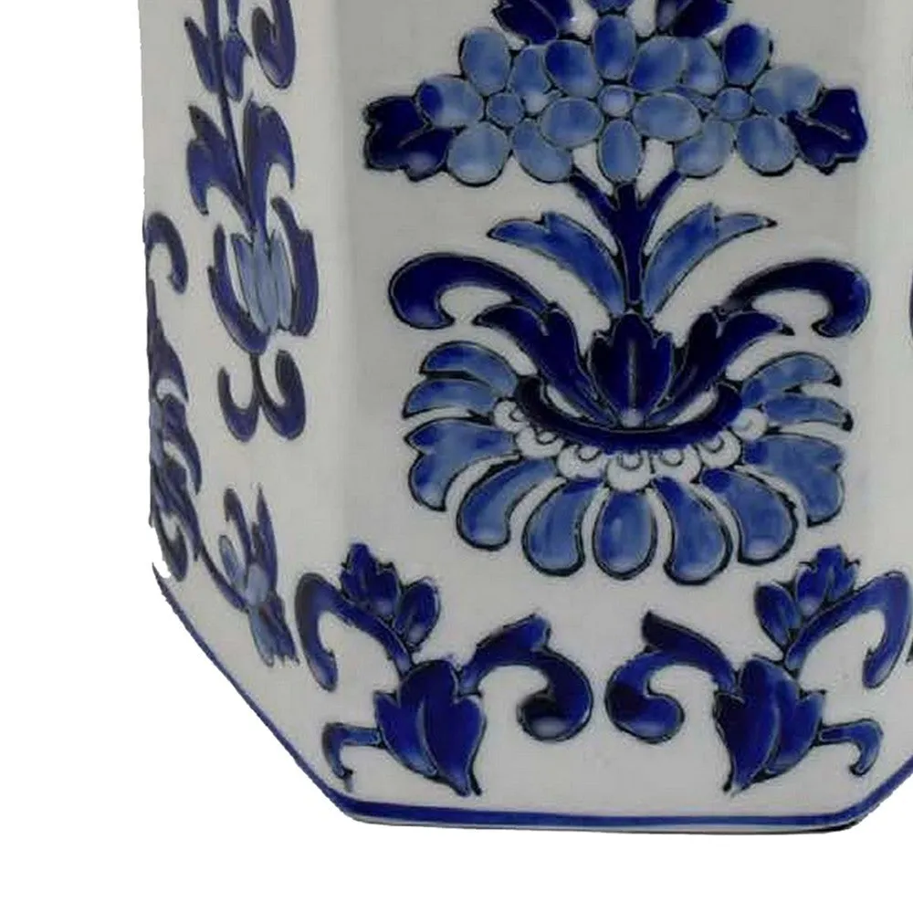 Deno 13 Inch Decorative Jar with Lid, Ceramic, Floral Design, Blue, White By Casagear Home