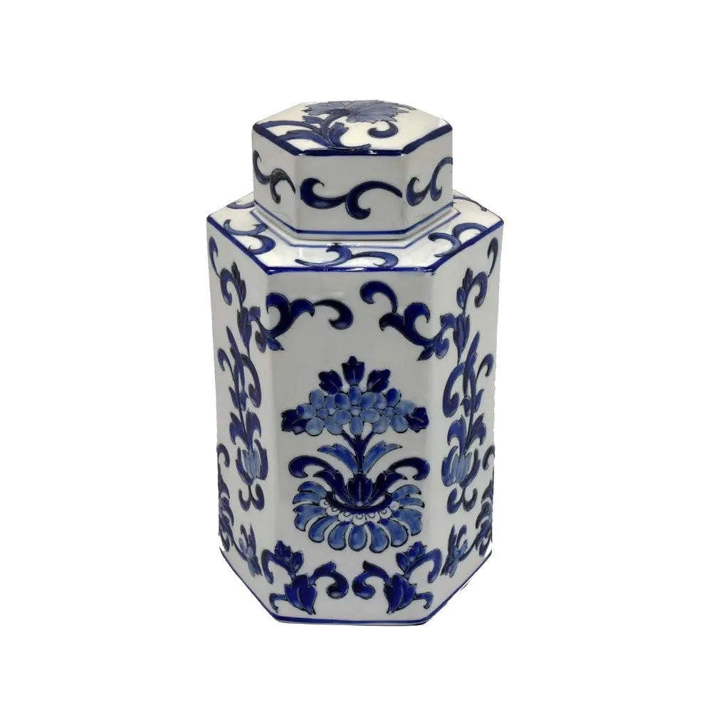 Deno 13 Inch Decorative Jar with Lid, Ceramic, Floral Design, Blue, White By Casagear Home