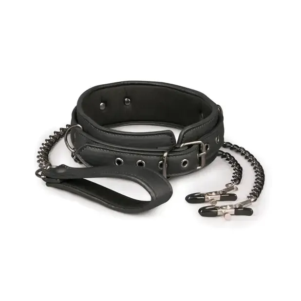 Easy Toys Faux Leather Collar W/nipple Chains - Black