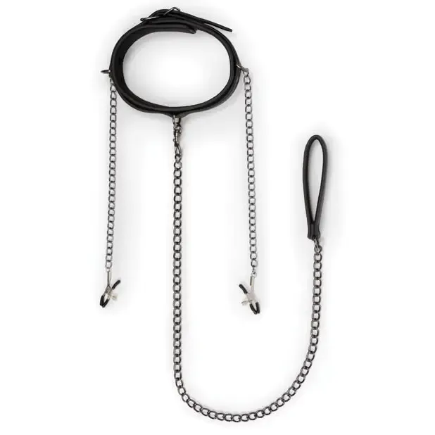 Easy Toys Faux Leather Collar W/nipple Chains - Black