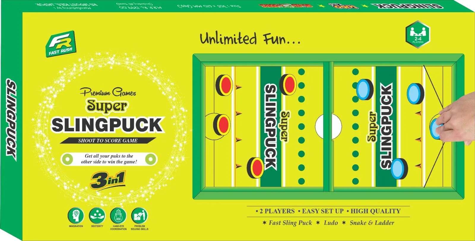 Fast Rush - Fast Sling Puck Board Game - 3 in 1 Fastest Finger First Board Games for Adults & Kids, Ludo Board Game, Sling Puck Board Game Perfect for Family (String Hokey)