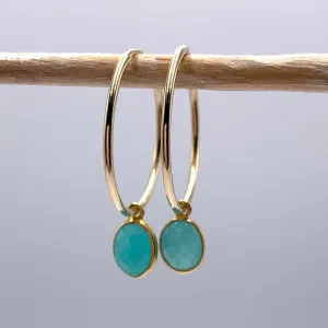 Gemstone earrings with amazonite (blue) oval crystal drops on gold large hoops