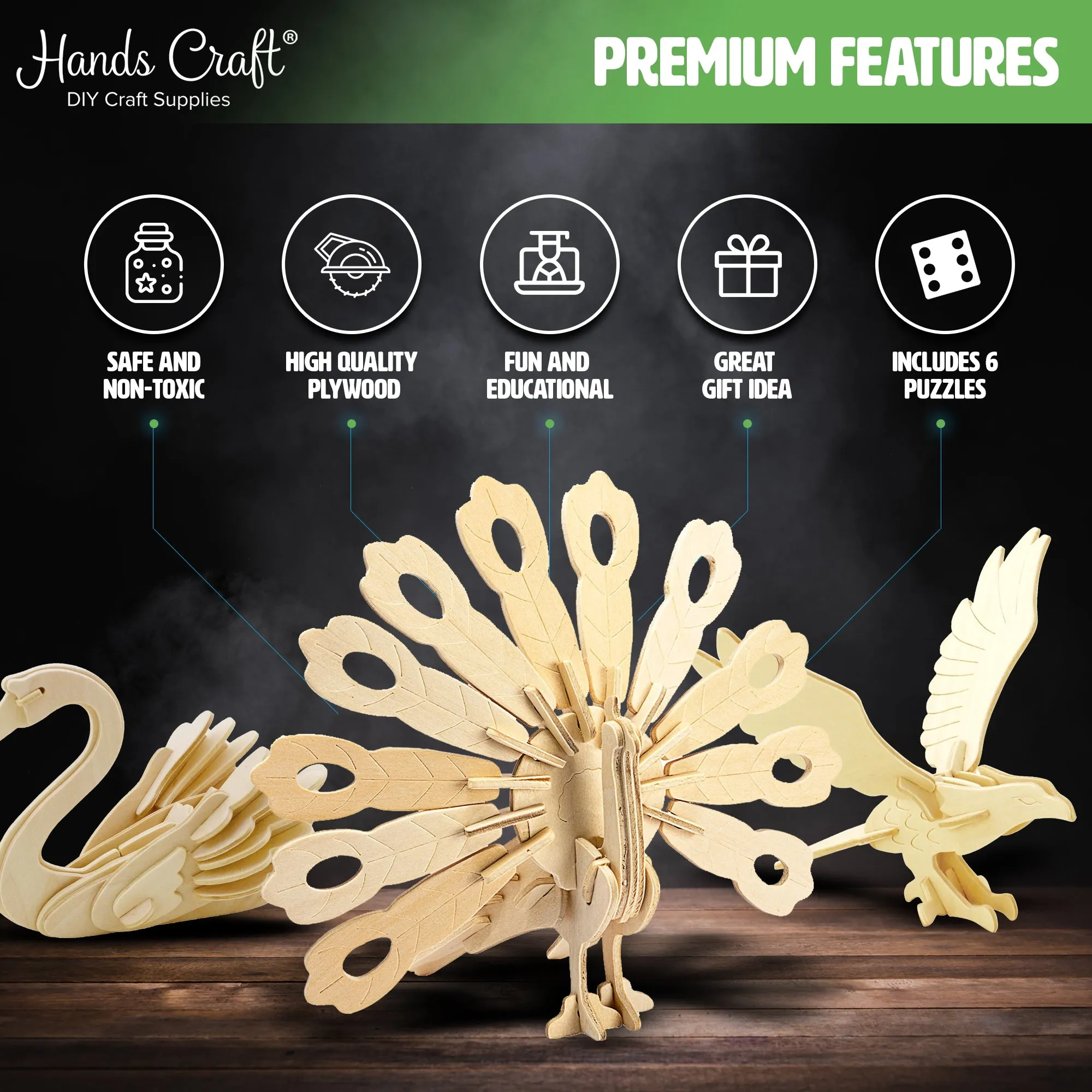 Hands Craft DIY 3D Wooden Puzzle 6 ct, Bird Animals-JP2B4