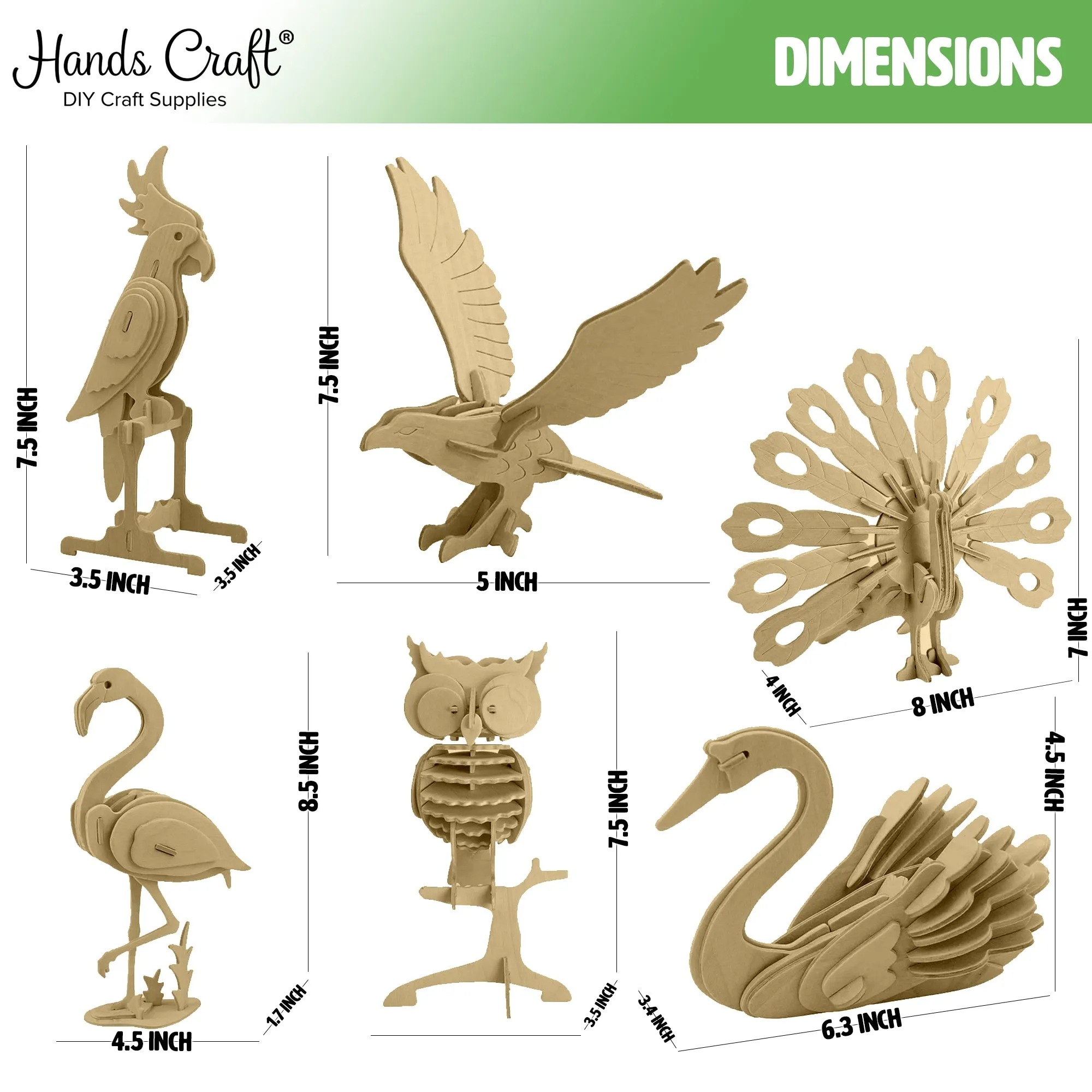 Hands Craft DIY 3D Wooden Puzzle 6 ct, Bird Animals-JP2B4