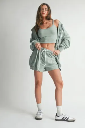 Hot Girl Chill Mode Three Piece Cotton Lounge Set In Sage