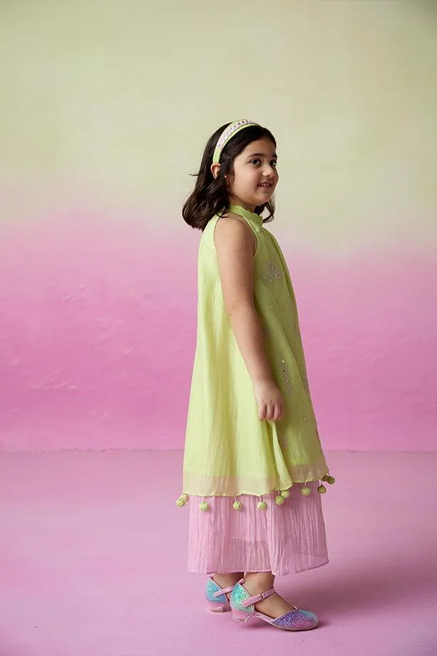 Little Starry- Lime Hand Embroidered Kurta and Skirt Set for Girls