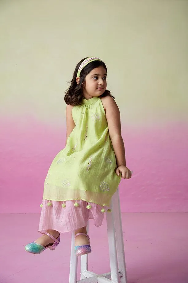 Little Starry- Lime Hand Embroidered Kurta and Skirt Set for Girls