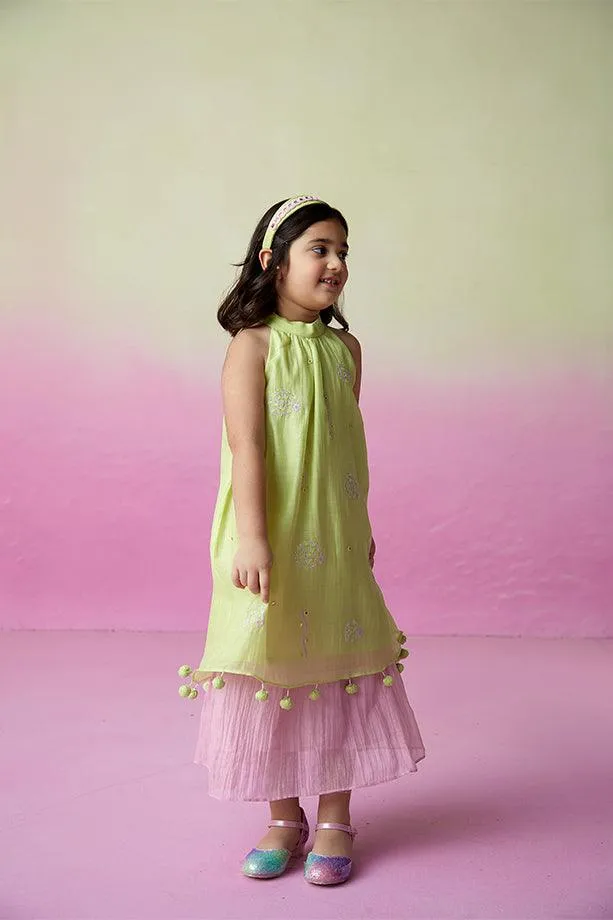 Little Starry- Lime Hand Embroidered Kurta and Skirt Set for Girls