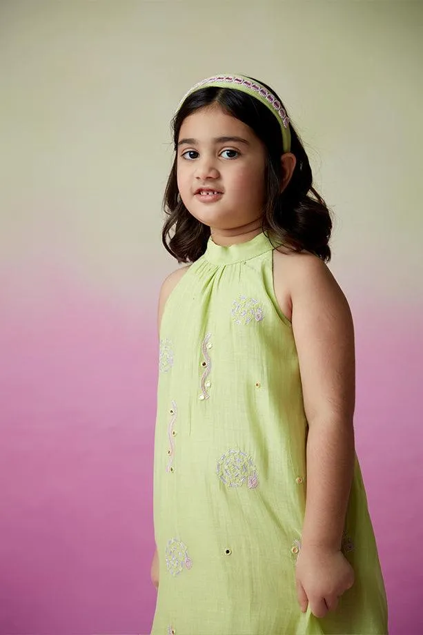 Little Starry- Lime Hand Embroidered Kurta and Skirt Set for Girls