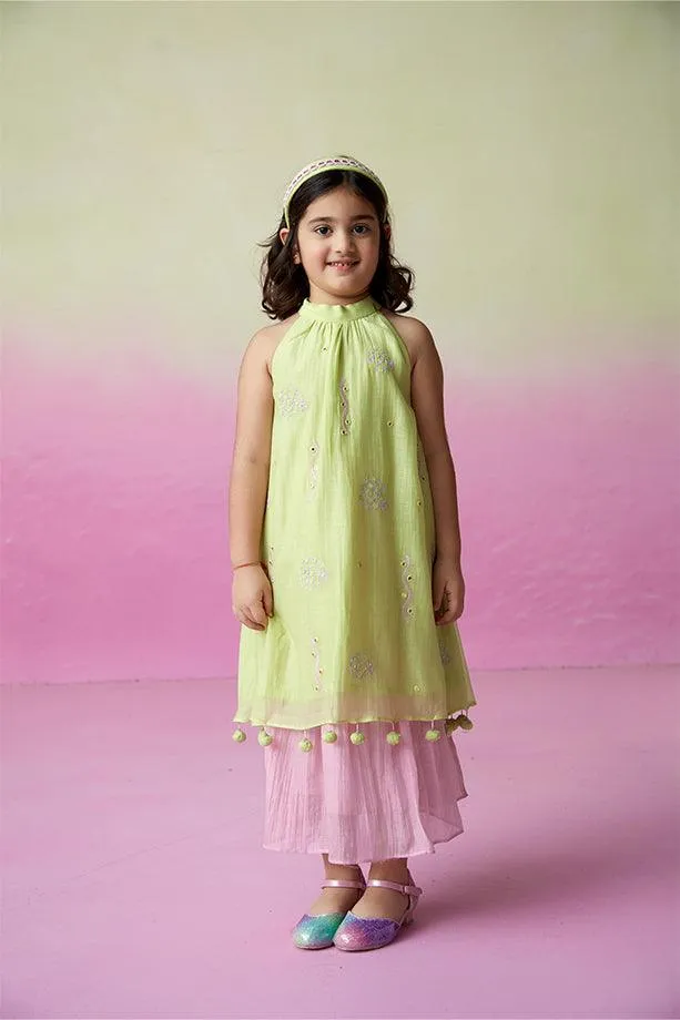 Little Starry- Lime Hand Embroidered Kurta and Skirt Set for Girls