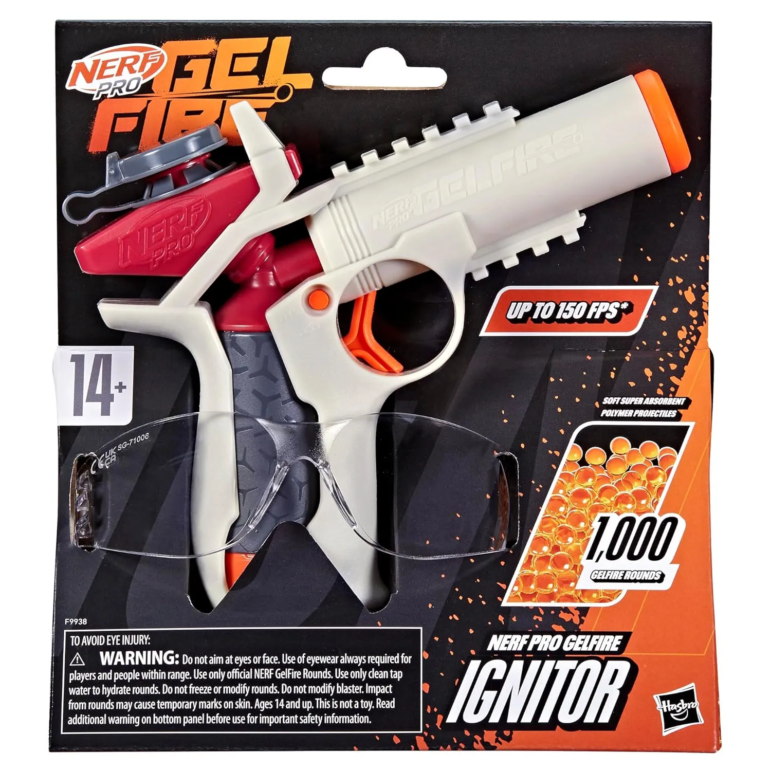 Nerf Pro Gelfire Ignitor Blaster, 1000 Gelfire Rounds, 60 Round Capacity, T-Pull Priming, Up to 150 FPS, Eyewear, Gifts for Teens Ages 14 