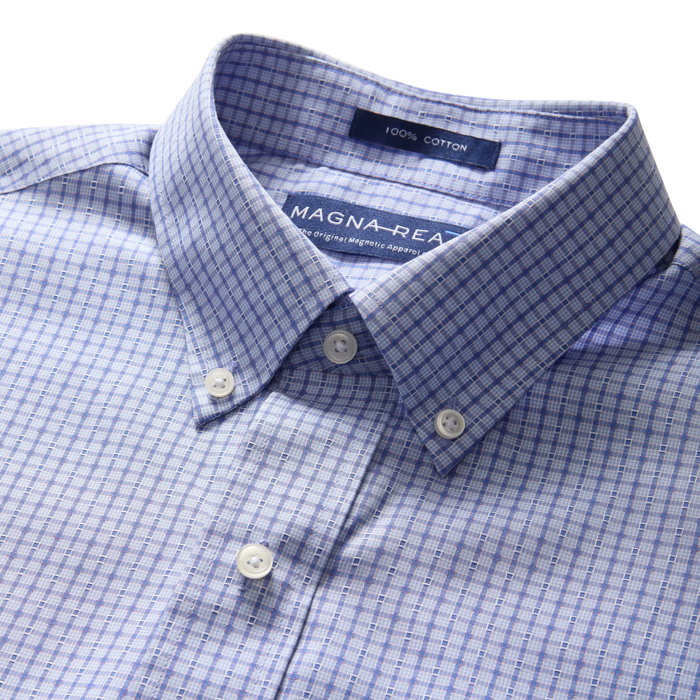 Short Sleeve Blue and Red Check Cotton Shirt with Magnetic Closures and a Pocket